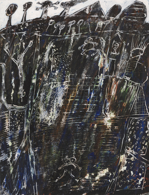 The Country, 1946-48 (gouache, with scratching & scraping, on dark tan wove paper, prepared with a white & colored gouache ground)