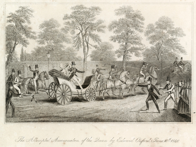 The attempted assassination of the Queen by Edward Oxford, 10 June 1840 (engraving)