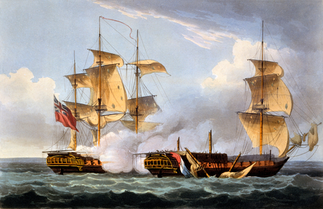 The Capture of La Vestale, August 20th 1799, from 'The Naval Achievements of Great Britain' by James Jenkins, engraved by Thomas Sutherland, published 1817 (hand-coloured aquatint)