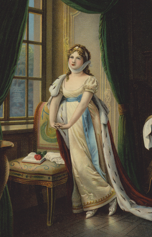 Queen Louise of Prussia on her flight to Memel (colour litho)