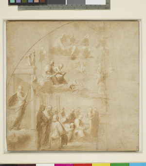 A study for the left half of the Disputa, c.1509 (brush & brown wash, heightened with lead white over traces of underdrawing in charcoal and stylus (some drawn with a compass), partly squared in black chalk)