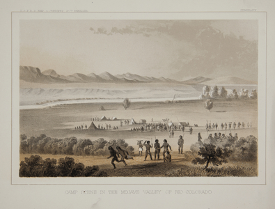 Camp scene in the Mojave valley of Rio Colorado, 1856 (lithograph)