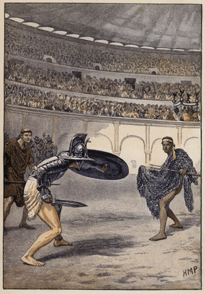 In the amphitheatre (colour litho)