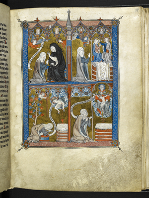 Yates Thompson 11 f.29r Penitence and Contemplation, from 'Trois états de l'âme chrétienne ; incipit: 'Trois estas de bones ames sunt...', c.1290-1300 (ink, colour & gold on vellum)