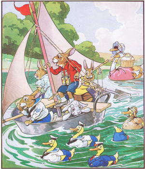 What could be nicer than sailing down the stream, from The Funny Bunnies published by Raphael Tuck, c. 1920 (colour litho)