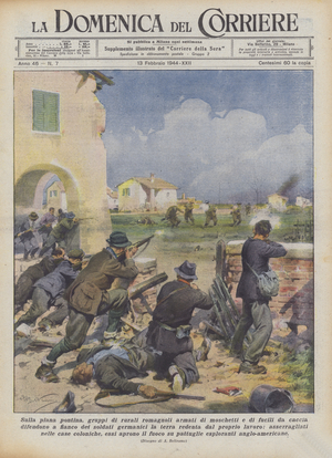 On the Pontine plain, groups of rural Romagna armed with muskets and hunting rifles  (colour litho)
