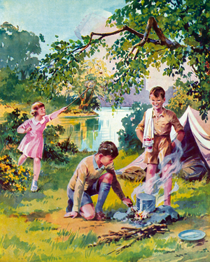 The camp fire (colour litho)