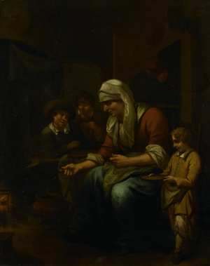 Woman making pancakes, 1670-1709 (oil on panel)