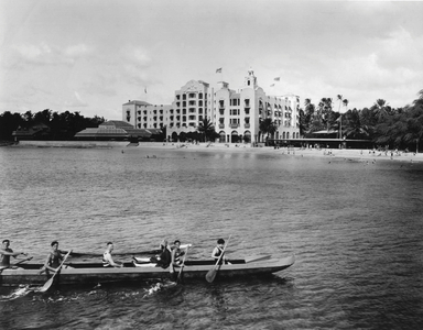 The Royal Hawaiian Hotel on the Waikiki beach on the Oahu island in Hawaii in the 20's