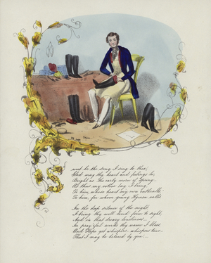 British Valentine card with an image of a man reparing boots (colour litho)