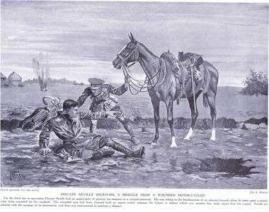 Private Neville receiving a message from a wounded motor cyclist Ypres October 1914 (litho)