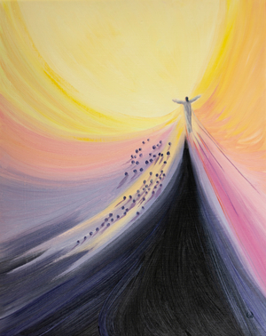 Christ comes from the heart of the Father and draws us back into the Divine embrace, 2001 (oil on board)