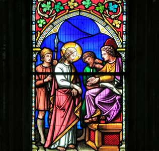 Story of Easter, Kiss of Judas, Judgement before Pontius Pilate, Crowning with Thorns, stained glass window by William Warrington, 1854, Gunthorpe, Norfolk, England, UK