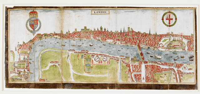 Sloane 2596, f.52 View of London from the south, showing the River Thames, London Bridge and the Tower, 1588 (velllum)