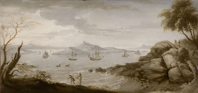 A coastal landscape with shipping, anglers in the foreground on rocks (oil on panel)