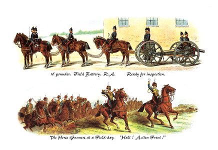 Field Battery Ready for Inspection and Horse Gunners at a Field-Day (print)