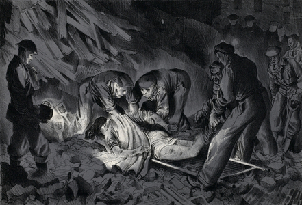 Air Raid Warden assisting evacuation of bomb damaged house, c.1941 (litho)