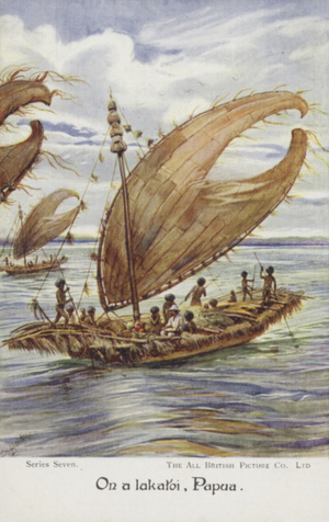 On a lakatoi, Papua (colour litho)