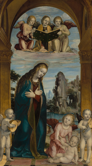 Madonna Adoring the Child with Musical Angels, c.1500-1510 (Oil on panel)