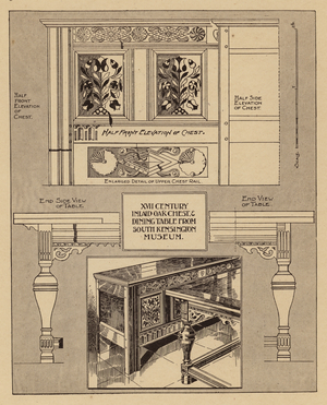 XVII century inlaid oak chest and dining table (litho)