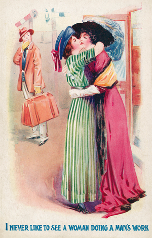 Man watching two women kissing (colour litho)