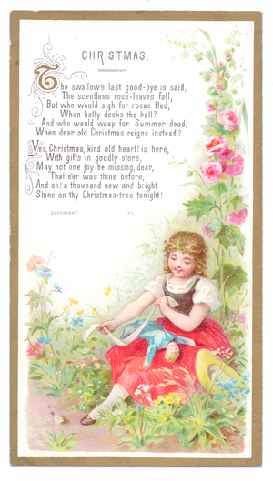A Victorian Christmas card of a girl playing with a doll, c.1880 (colour litho)