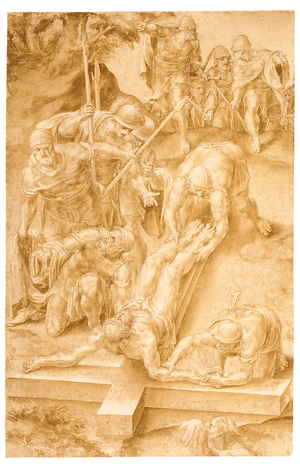 Christ nailed to the Cross (black chalk, pen & brown ink with brown wash & white heightening on paper)