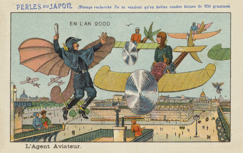 Flying policeman in the year 2000 (chromolitho)