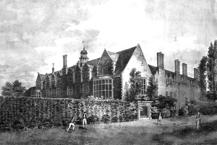 Ball game in the gardens of Cambridge college c. 1800, engraving