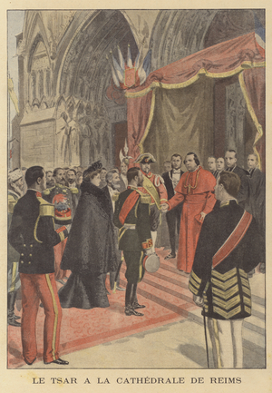 Tsar Nicholas II of Russia at Reims Cathedral during his visit to France (colour litho)