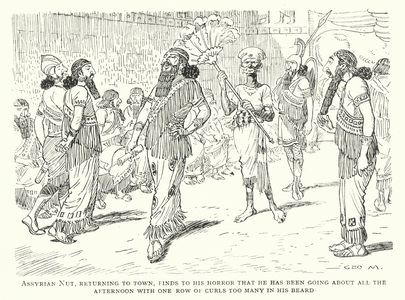 Assyrian man mortified to discover he has one too many rows of curls in his beard to be fashionable (litho)