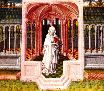 The beloved with heart ahainst her chest, illumination by Jean Colombe from manuscript Livre du Cuer et de Mortifiement de vaine plaisance by king Rene d'Anjou, 1470