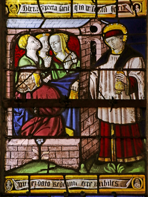 Window depicting Saint Nicholas leaving money for the father of three girls to avoid their going into prostitusion (stained glass)