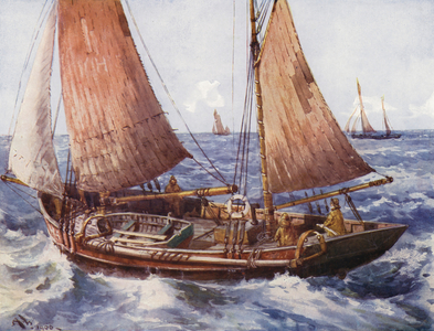 A trawler at sea (colour litho)