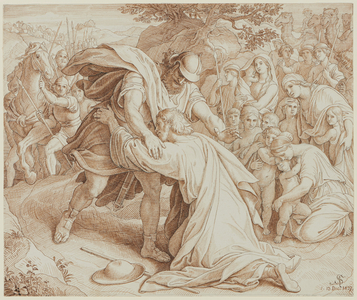 The reconciliation of Esau and Jacob, study for the 'Picture Bible', 1837 (pen and brown ink over graphite)