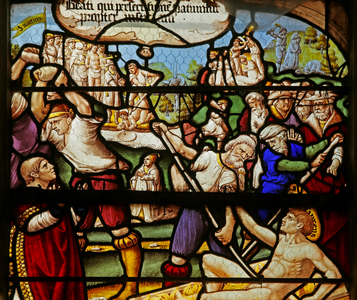 The Beatitudes: Blessed are those who suffer persecution for righteousness sake: the martyrdom of St Stephen and St Laurence (stained glass)