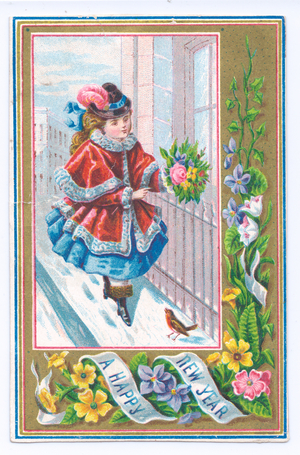A Victorian New Year card of a girl dressed in a fur lined cape holding a boquet of flowers walking in the snow, c.1880 (colour litho)
