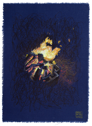 Fuego de cerca antes de la pirotecnia, 2025 (acrylic, ink and pencil on fabric)