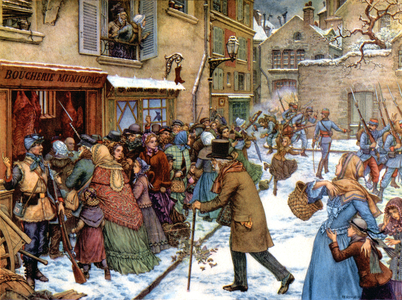 History. France. Paris Commune. Waiting line in front of a butcher's shop, 1871 (print)