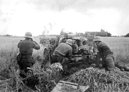 German Pak in combat against Russian tank (b/w photo)