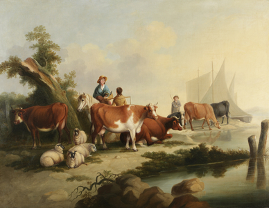 River landscape with people, animals and boats (oil on canvas)