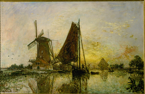 Boats and windmills in Holland (oil on canvas)