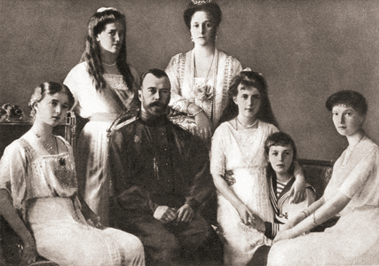 Czar Nicholas II, his wife, Alexandra Feodorovna, his son, Alexei Nikolaevich and his four daughters, Olga Nikolaevna, Tatiana Nikolaevna, Maria Nikolaevna and Anastasia Nikolaevna,  from The Pageant of the Century, pub.1934