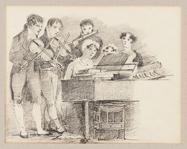Pianist accompanied by fiddlers and a flautist (pen & ink on paper)