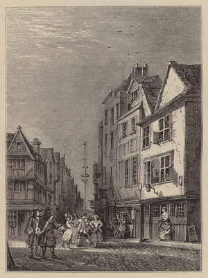 Nell Gwyn at the door of her lodgings in Drury Lane, London (engraving)