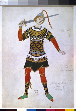 Costume design for a warrior from the ballet 'Firebird' by I. Stravinsky, 1931 (w/c on paper)