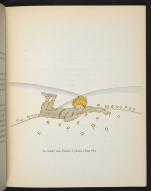 "And, lying in the grass, he cried," illustration from 'Le Petit Prince', by Antoine de Saint-Exupéry, 1940 (colour litho)