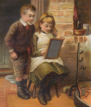 Girl helping her brother with his homework (chromolitho)