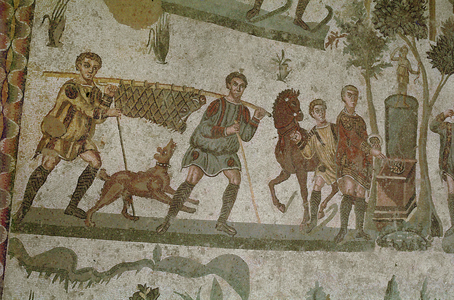 Boar hunt, mosaic from the Villa del Casale, Piazza Armerina, Sicily, Italy (mosaic)