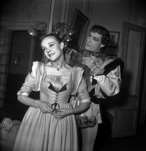 French Actors Lise Topart and Julien Bertheau For Play "Le Voleur D'Enfants", Theatre De L'Oeuvre, Paris, March 5, 1948 (b/w photo)